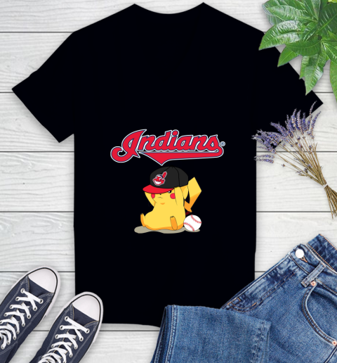 MLB Pikachu Baseball Sports Cleveland Indians Women's V-Neck T-Shirt 2