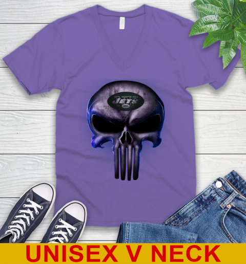 New York Jets NFL Football Punisher Skull Sports V-Neck T-Shirt 8