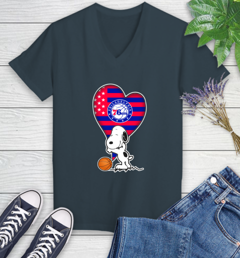 Philadelphia 76ers NBA Basketball The Peanuts Movie Adorable Snoopy Women's V-Neck T-Shirt 8