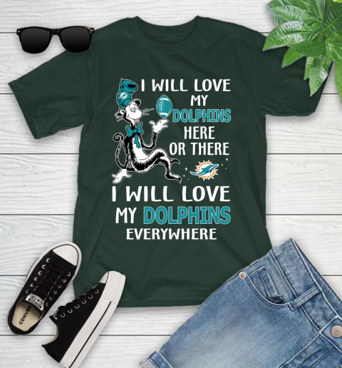 NFL Football Miami Dolphins I Will Love My Dolphins Everywhere Dr Seuss Shirt Youth T-Shirt 4