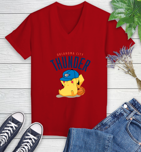 NBA Pikachu Basketball Sports Oklahoma City Thunder Women's V-Neck T-Shirt 12