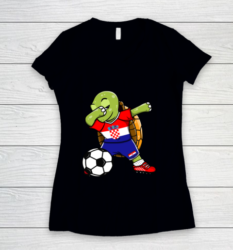 Dabbing Turtle Croatia Soccer Fans Jersey Croatian Football Women's V-Neck T-Shirt