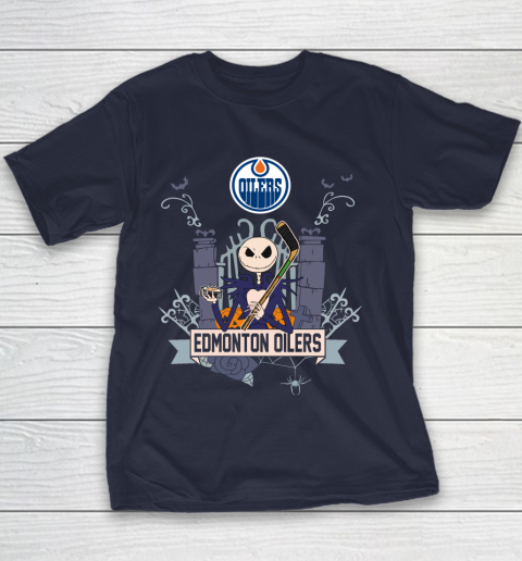 NHL Edmonton Oilers Hockey Jack Skellington Halloween Youth T-Shirt 2
