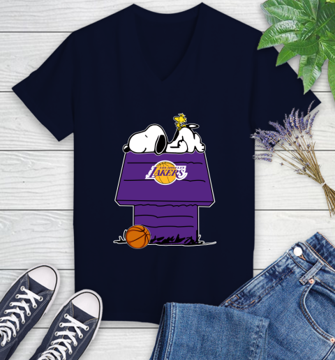 Los Angeles Lakers NBA Basketball Snoopy Woodstock The Peanuts Movie Women's V-Neck T-Shirt 3