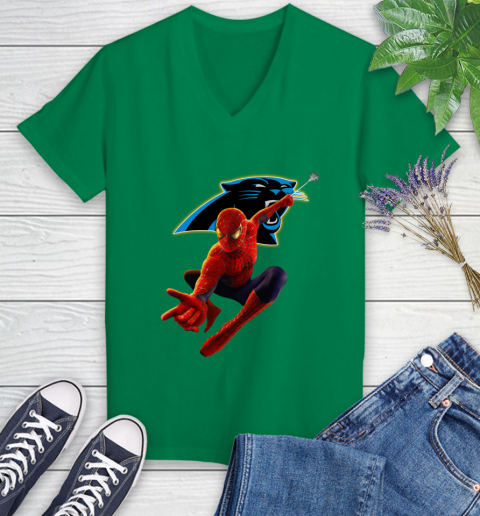 NFL Spider Man Avengers Endgame Football Carolina Panthers Women's V-Neck T-Shirt 5
