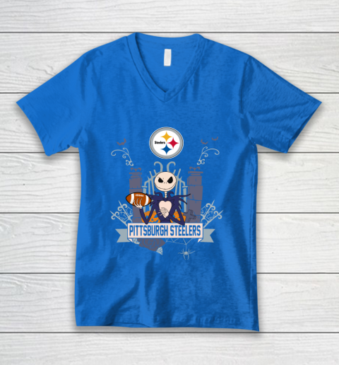 NFL Pittsburgh Steelers Football Jack Skellington Halloween V-Neck T-Shirt 5