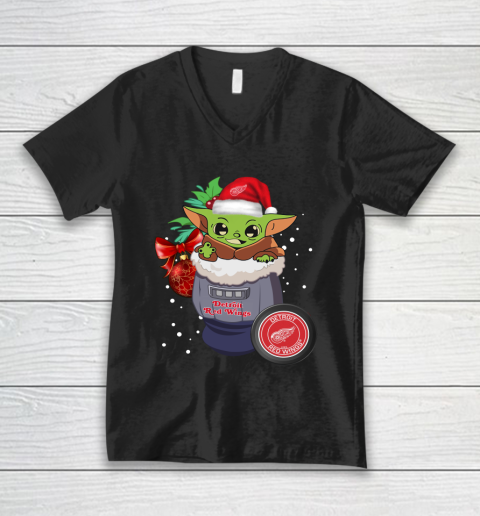 Detroit Red Wings Christmas Baby Yoda Star Wars Funny Happy NHL V-Neck T-Shirt
