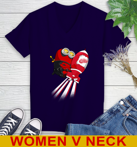 NHL Hockey Detroit Red Wings Deadpool Minion Marvel Shirt Women's V-Neck T-Shirt 3