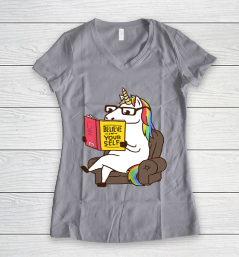 Unicorn Shirt Believe in Yourself Motivational Book Lover Women's V-Neck T-Shirt 4