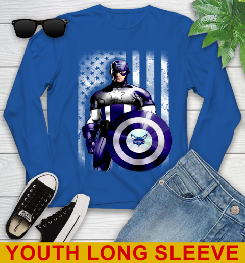 Charlotte Hornets NBA Basketball Captain America Marvel Avengers American Flag Shirt Youth Long Sleeve 10
