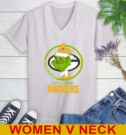 Green Bay Packers NFL Christmas Grinch I Hate People But I Love My Favorite Football Team Women's V-Neck T-Shirt