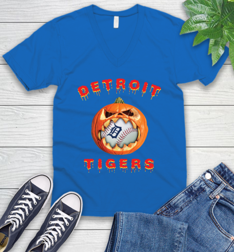 MLB Detroit Tigers Halloween Pumpkin Baseball Sports V-Neck T-Shirt 6