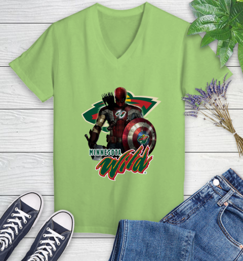 NHL Captain America Thor Spider Man Hawkeye Avengers Endgame Hockey Minnesota Wild Women's V-Neck T-Shirt 11