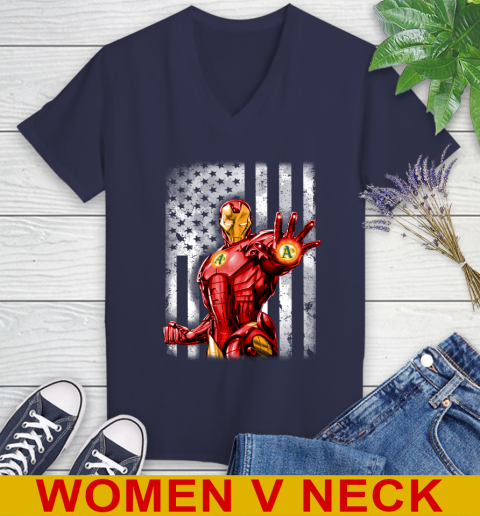 Oakland Athletics MLB Baseball Iron Man Avengers American Flag Shirt Women's V-Neck T-Shirt 12