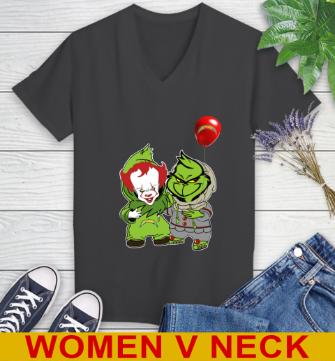 Los Angeles Chargers Baby Pennywise Grinch Christmas NFL Football Women's V-Neck T-Shirt 9