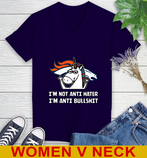 Denver Broncos NFL Football Unicorn I'm Not Anti Hater I'm Anti Bullshit Women's V-Neck T-Shirt 4