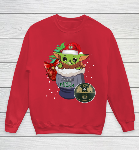 Milwaukee Bucks Christmas Baby Yoda Star Wars Funny Happy NBA Youth Sweatshirt 9