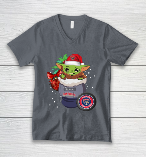 Florida Panthers Christmas Baby Yoda Star Wars Funny Happy NHL V-Neck T-Shirt 5