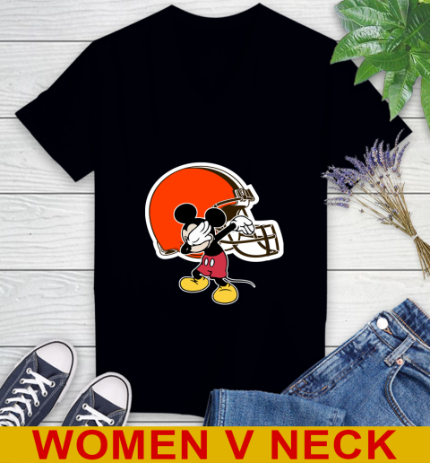 Cleveland Browns NFL Football Dabbing Mickey Disney Sports Women's V-Neck T-Shirt 2