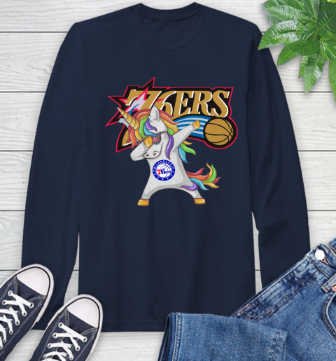 Philadelphia 76ers NBA Basketball Funny Unicorn Dabbing Sports Long Sleeve T-Shirt 4