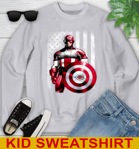 Cincinnati Reds MLB Baseball Captain America Marvel Avengers American Flag Shirt Youth Sweatshirt 3