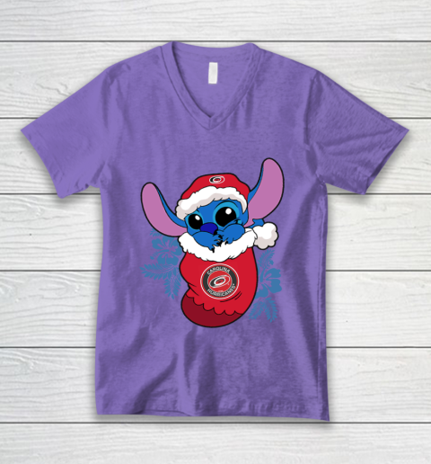 Carolina Hurricanes Christmas Stitch In The Sock Funny Disney NHL V-Neck T-Shirt 9