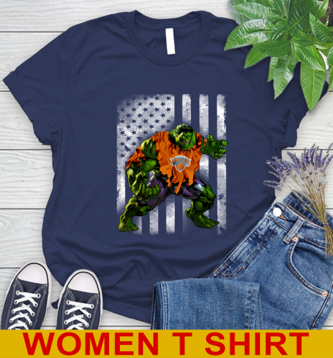 New York Knicks Hulk Marvel Avengers NBA Basketball American Flag Women's T-Shirt 12