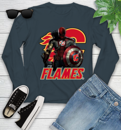 NHL Captain America Thor Spider Man Hawkeye Avengers Endgame Hockey Calgary Flames Youth Long Sleeve 8