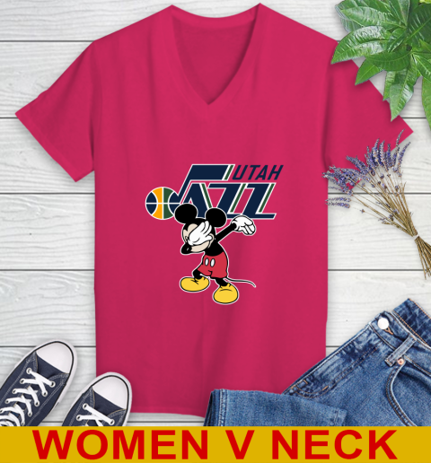 Utah Jazz NBA Basketball Dabbing Mickey Disney Sports Women's V-Neck T-Shirt 10