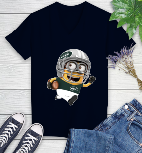NFL New York Jets Minions Disney Football Sports Women's V-Neck T-Shirt 3