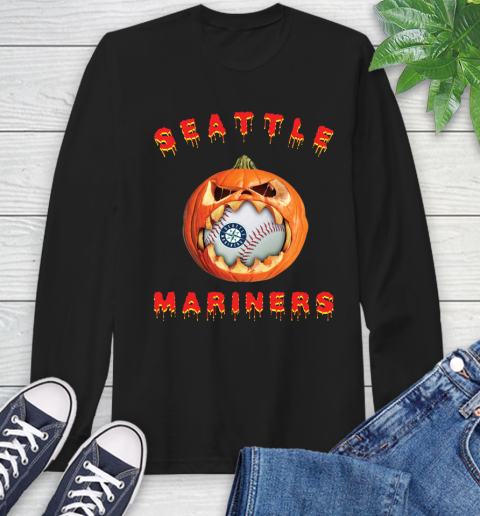 MLB Seattle Mariners Halloween Pumpkin Baseball Sports Long Sleeve T-Shirt 2