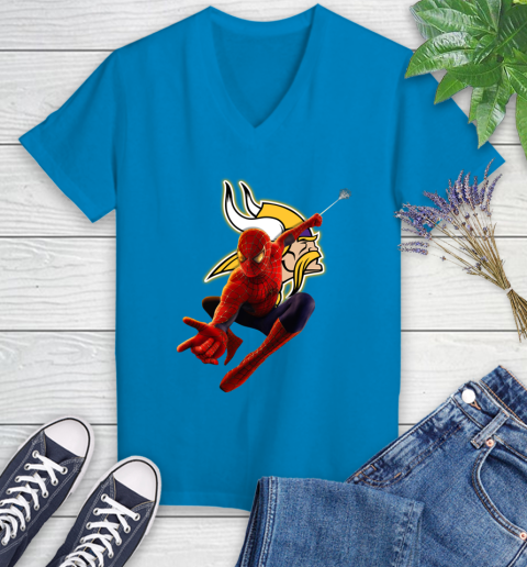 NFL Spider Man Avengers Endgame Football Minnesota Vikings Women's V-Neck T-Shirt 7