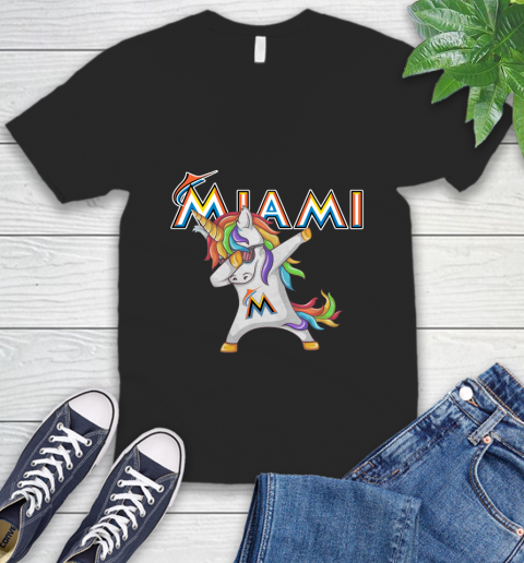 Miami Marlins MLB Baseball Funny Unicorn Dabbing Sports V-Neck T-Shirt 2