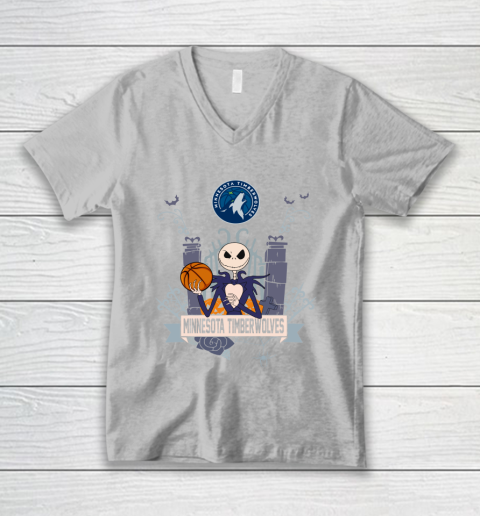 NBA Minnesota Timberwolves Basketball Jack Skellington Halloween V-Neck T-Shirt 3