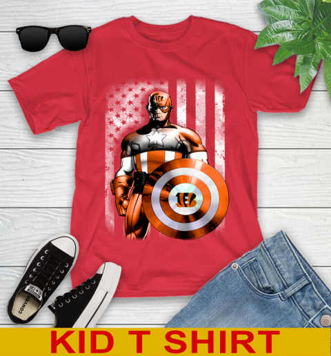 Cincinnati Bengals NFL Football Captain America Marvel Avengers American Flag Shirt Youth T-Shirt 11