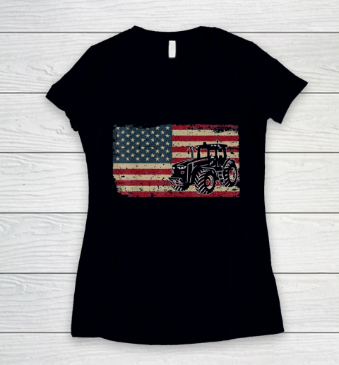 4th Of July Farm Tractors USA Flag Patriotic Women's V-Neck T-Shirt