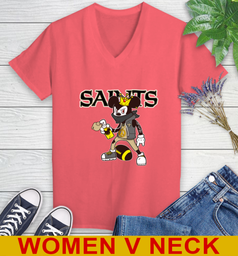 New Orleans Saints NFL Football Mickey Peace Sign Sports Women's V-Neck T-Shirt 7