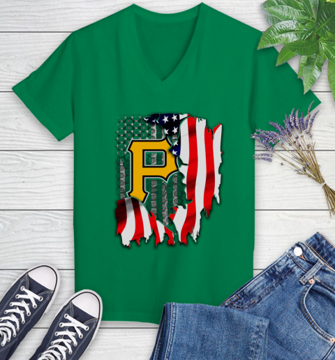 Pittsburgh Pirates MLB Baseball American Flag Women's V-Neck T-Shirt 5