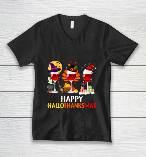 Wine Halloween Thanksgiving Christmas Happy Hallothanksmas V-Neck T-Shirt