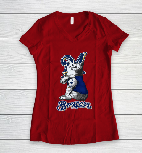 MLB Baseball My Cat Loves Milwaukee Brewers Women's V-Neck T-Shirt 8