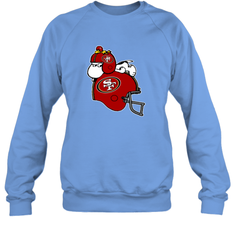 uqzd snoopy and woodstock resting on san francisco 49ers helmet sweatshirt 35 front carolina blue