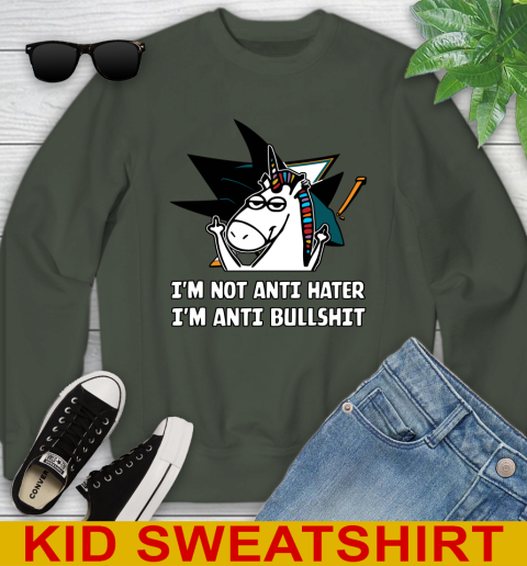 San Jose Sharks NHL Hockey Unicorn I'm Not Anti Hater I'm Anti Bullshit Youth Sweatshirt 9