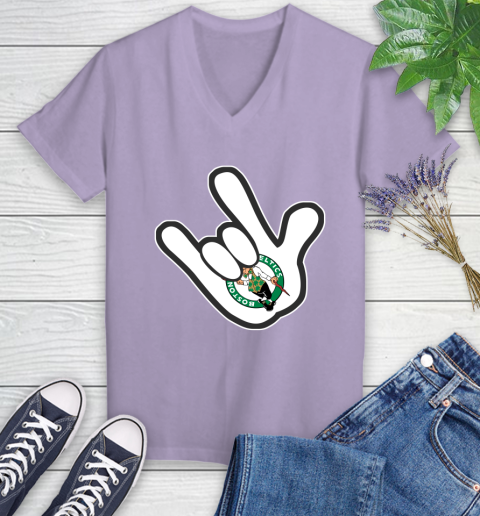 Boston Celtics NBA Basketball Mickey Rock Hand Disney Women's V-Neck T-Shirt 14