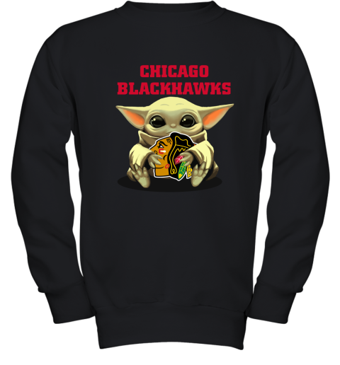 Baby Yoda Hugs The Chicago Blackhawks Ice Hockey Youth Sweatshirt