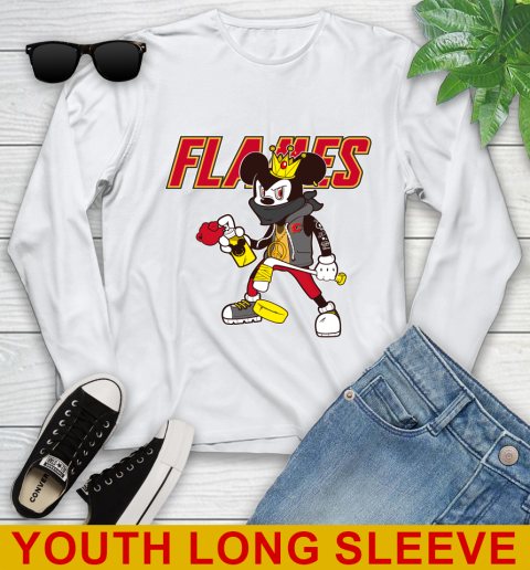 Calgary Flames NHL Hockey Mickey Peace Sign Sports Youth Long Sleeve