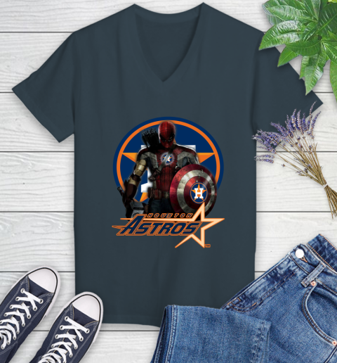 MLB Captain America Thor Spider Man Hawkeye Avengers Endgame Baseball Houston Astros Women's V-Neck T-Shirt 8