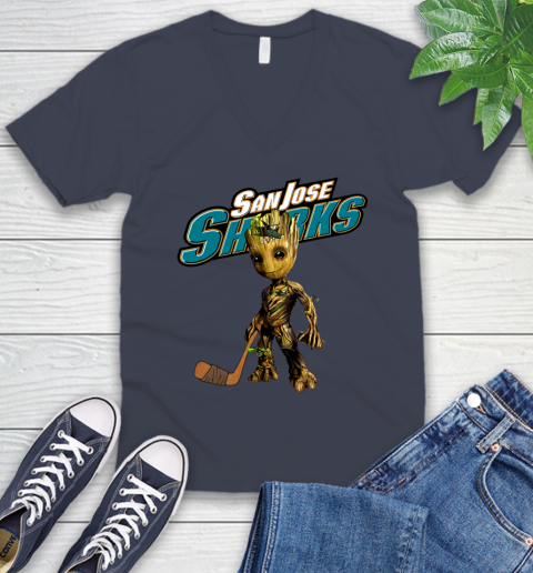 San Jose Sharks NHL Hockey Groot Marvel Guardians Of The Galaxy V-Neck T-Shirt 9
