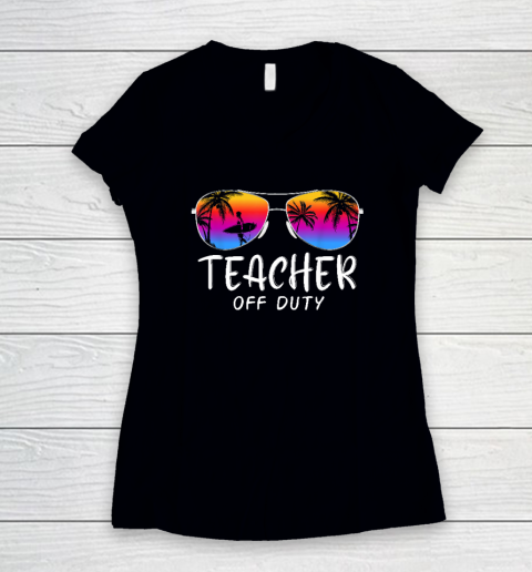 Teacher Off Duty Hello Summer Rainbow Sunglasses Teacher Women's V-Neck T-Shirt