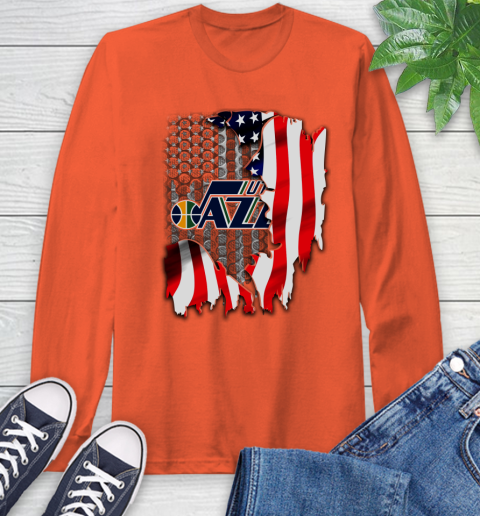 Utah Jazz NBA Basketball American Flag Long Sleeve T-Shirt - Image 5