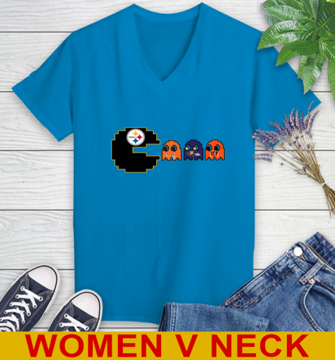 Pittsburgh Steelers NFL Football Pac Man Champion Women's V-Neck T-Shirt 8